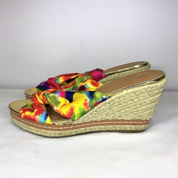 (SOLD)Etienne Aigner Wedge Sandals Yellow & Pink 6 - Picture 3 of 8